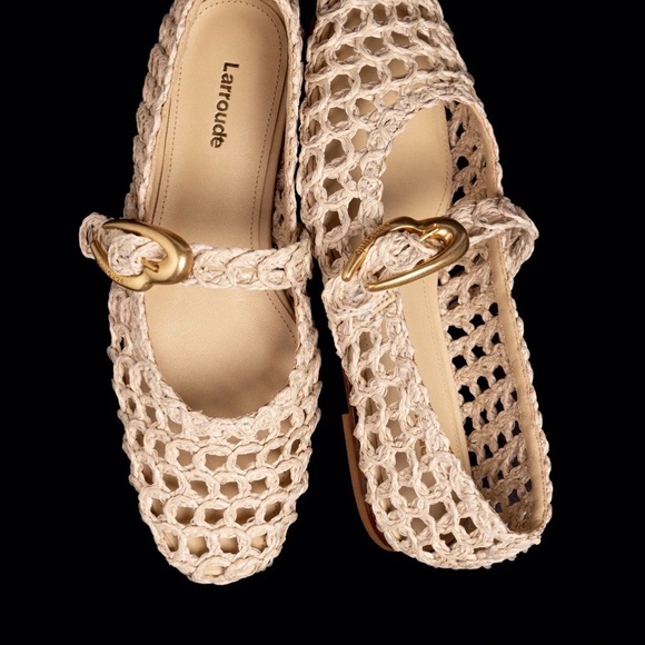 Larroude Beige Woven Flats with Gold Buckle - Picture 2 of 12